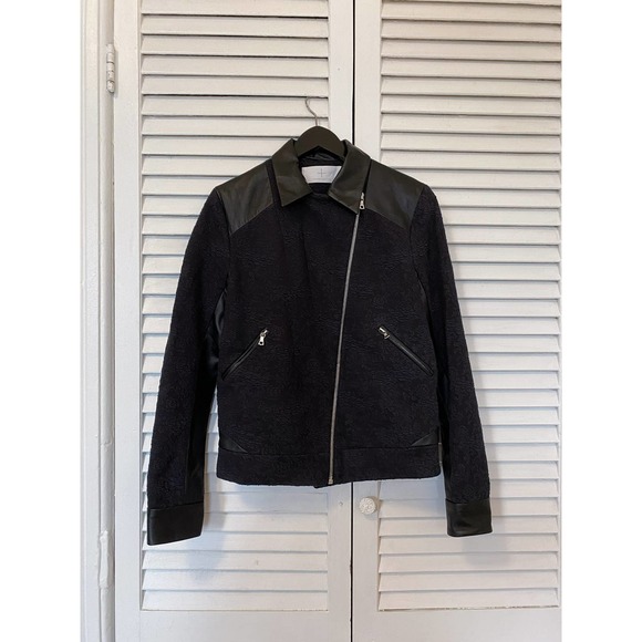 Thakoon black motorcycle biker jacket, floral with leather accent - Picture 2 of 7
